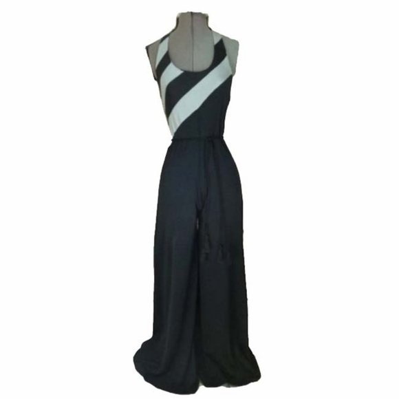 Vtg 70s Black Silver Halter Bell Bottom Jumpsuit S - Picture 1 of 5